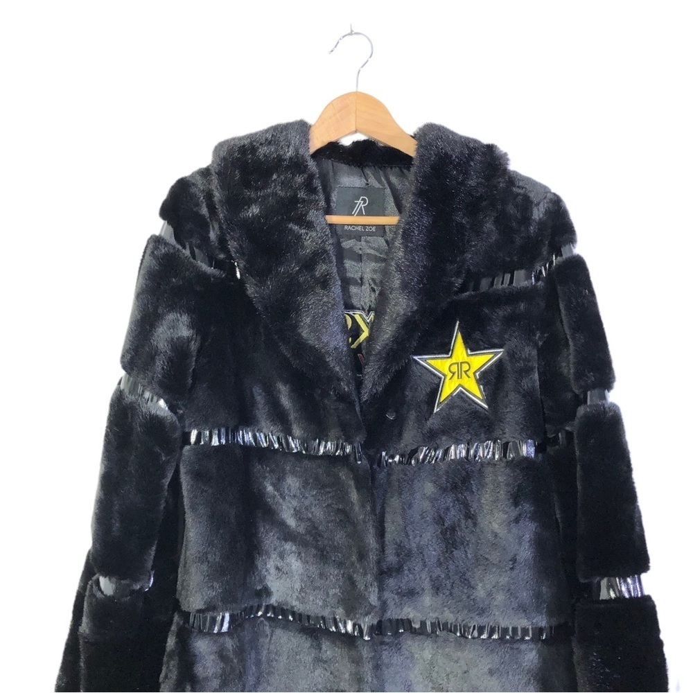 Rachel Zoe Rockstar Black Faux Fur Long Jacket - Picture 10 of 11